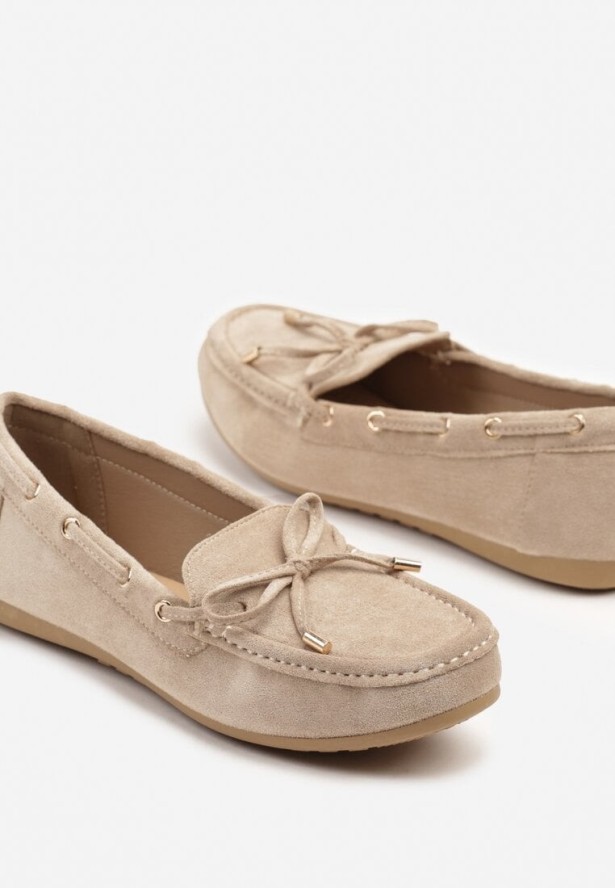 Ciemnobeżowe Mokasyny z Imitacji Zamszu z Wiązaną Kokardą Sonarilia