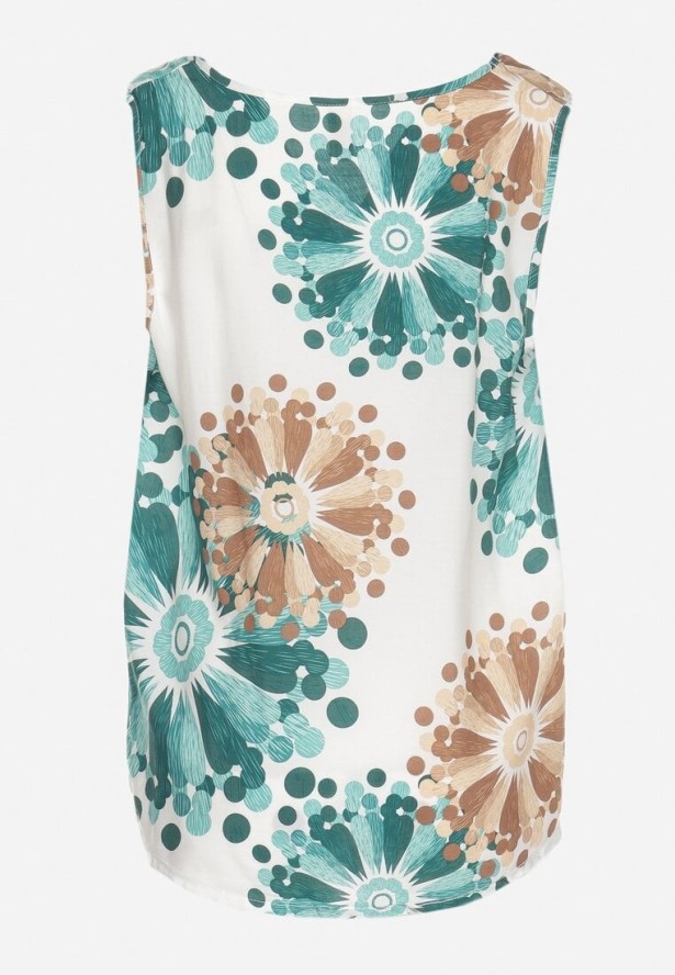 Zielono-Beżowa Bluzka Top z Bawełny z Motywem Kwiatowym Ameliene