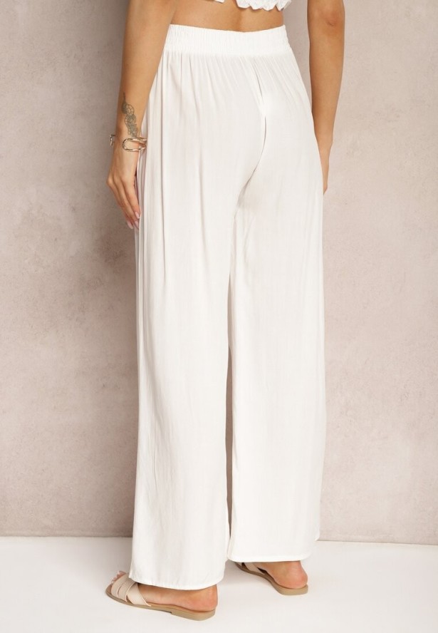 Białe Szerokie Spodnie z Gumką i Wiązaniem w Pasie Gamina