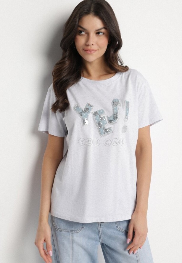 Jasnoszary T-shirt z Bawełny Ozdobiony Cekinami i Cyrkoniami Camiren