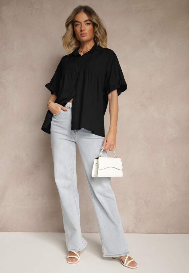 Czarna Koszula z Wiskozą Ozdobiona Falbankami Oleldi