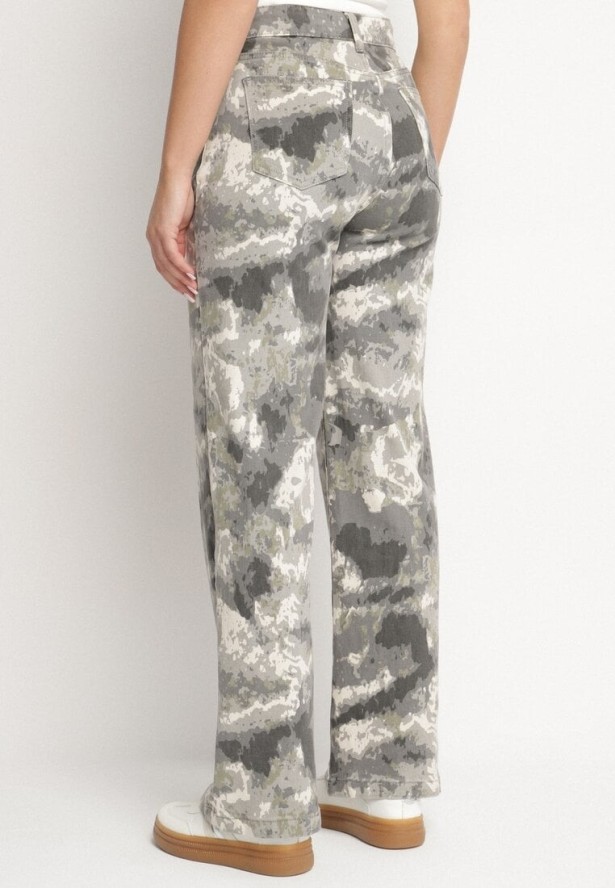 Szare Szerokie Jeansy z Bawełny z Wysokim Stanem we Wzór Moro Napielia