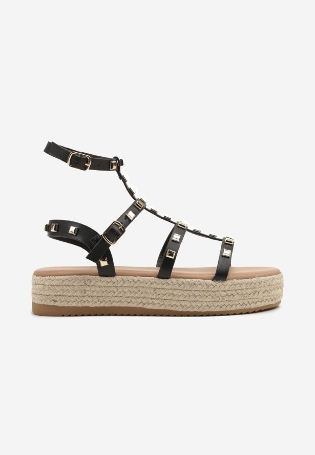 Czarne Sandały w Stylu Gladiatorek na Grubej Podeszwie z Plecionki Sonalisa