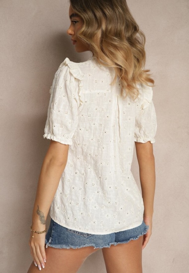 Biała Haftowana Koszula z Wiskozą i Falbanką Rinirea