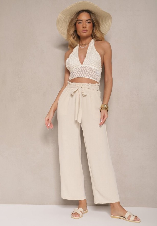 Beżowe Spodnie z Wiskozą o Szerokim Kroju High Waist z Wiązaniem Ivelwia