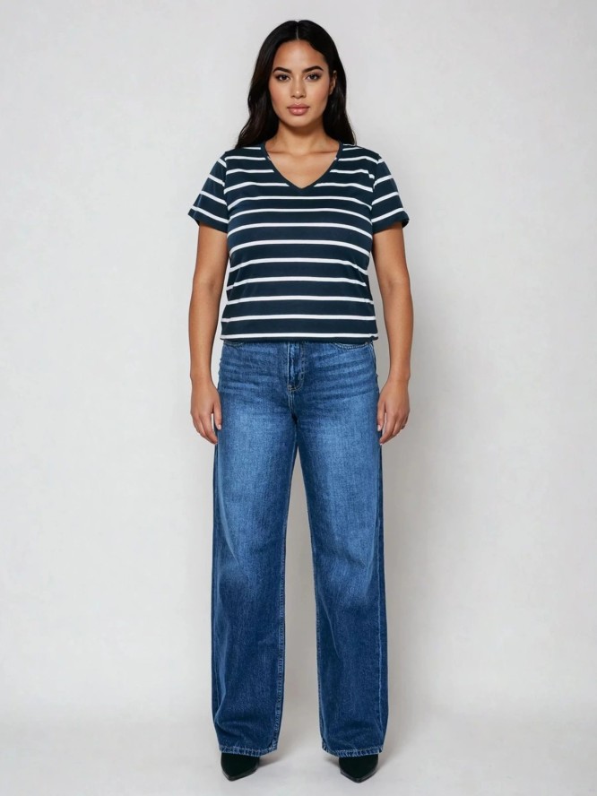 Koszulka damska z dekoltem v-neck w paski granatowa Retina 403