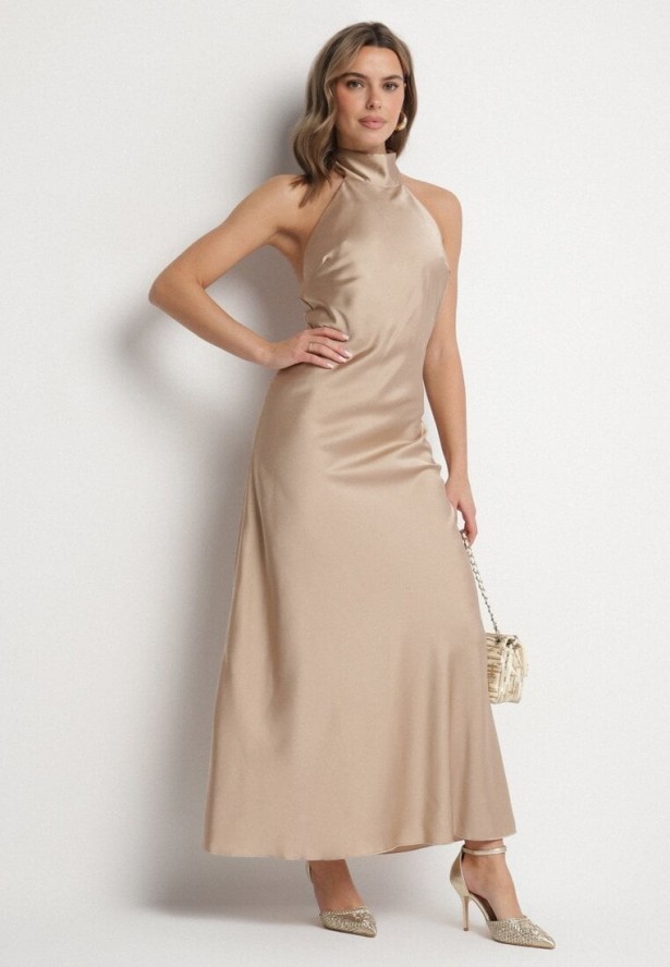 Beżowa Satynowa Sukienka Koktajlowa z Dekoltem Halter Annela