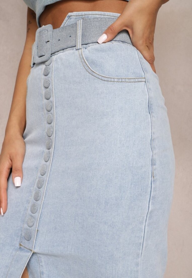 Jasnoniebieska Jeansowa Spódnica Ołówkowa Midi z Guzikami i Rozcięciem Jackiesa
