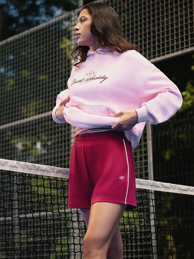 4F Bluza dresowa loose z kapturem damska - różowa XS