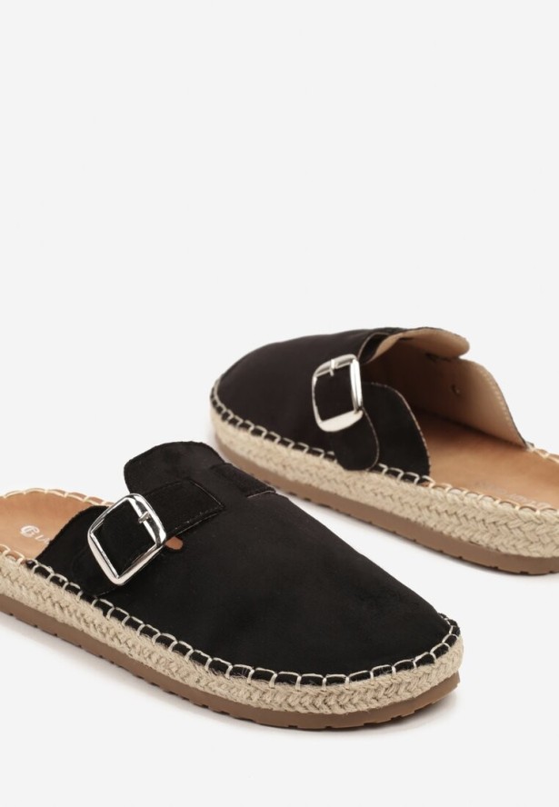 Czarne Klapki Typu Chodaki z Klamerką na Podeszwie z Plecionki Ziariana