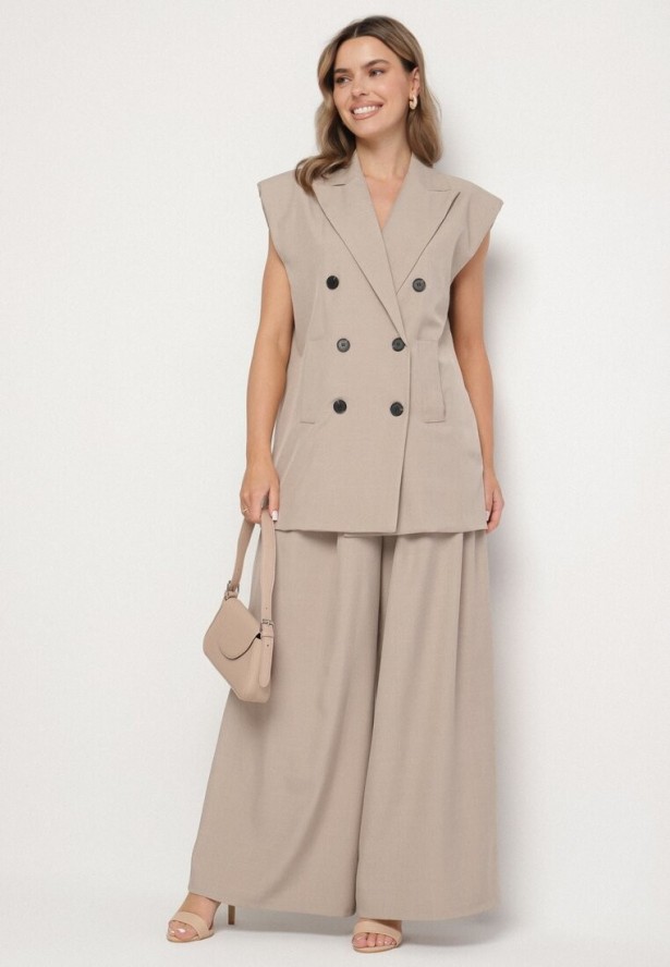 Beżowa Kamizelka Garniturowa z Usztywnionymi Ramionami Ellavessa