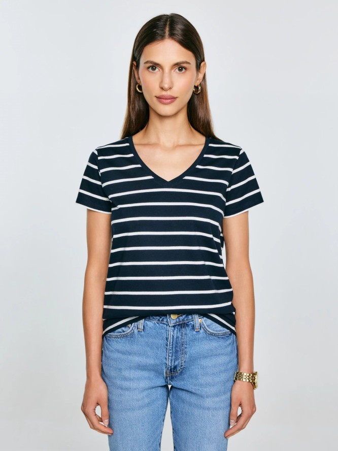 Koszulka damska z dekoltem v-neck w paski granatowa Retina 403