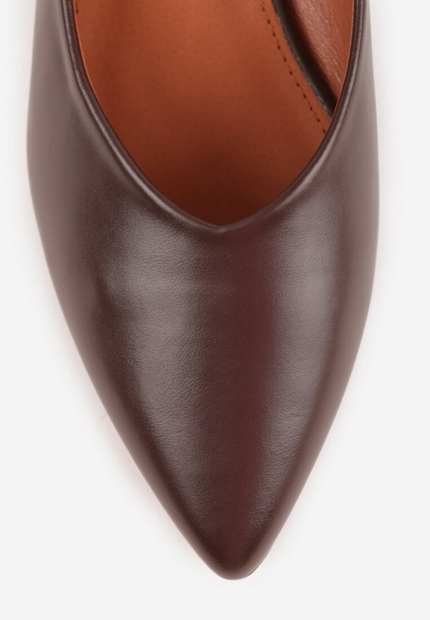 Brązowe Czółenka Vices ze Skórzaną Wkładką na Niskim Obcasie ze Zdobieniem Dakene