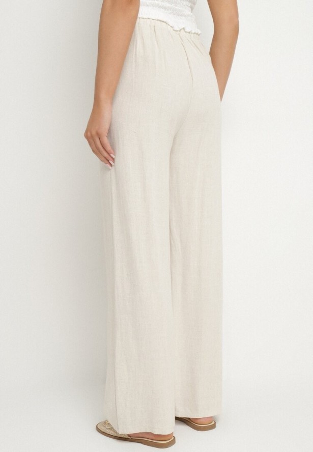 Jasnobeżowe Lniane Spodnie z Wiskozą o Szerokim Kroju z Gumką w Talii Zelzeri