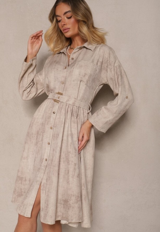 Beżowa Sukienka Koszulowa z Paskiem z Klamrą i Kieszonką Parmio