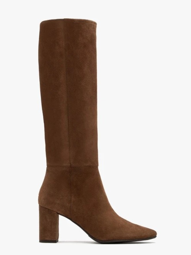 Brązowe kozaki ze skóry welurowej na słupkowym obcasie