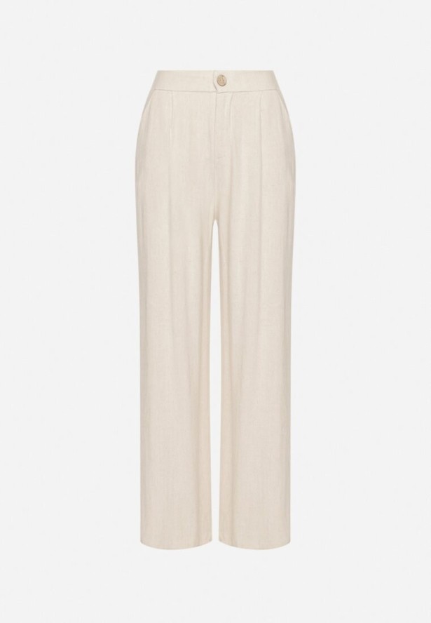 Jasnobeżowe Lniane Spodnie z Wiskozą o Szerokim Kroju z Gumką w Talii Zelzeri