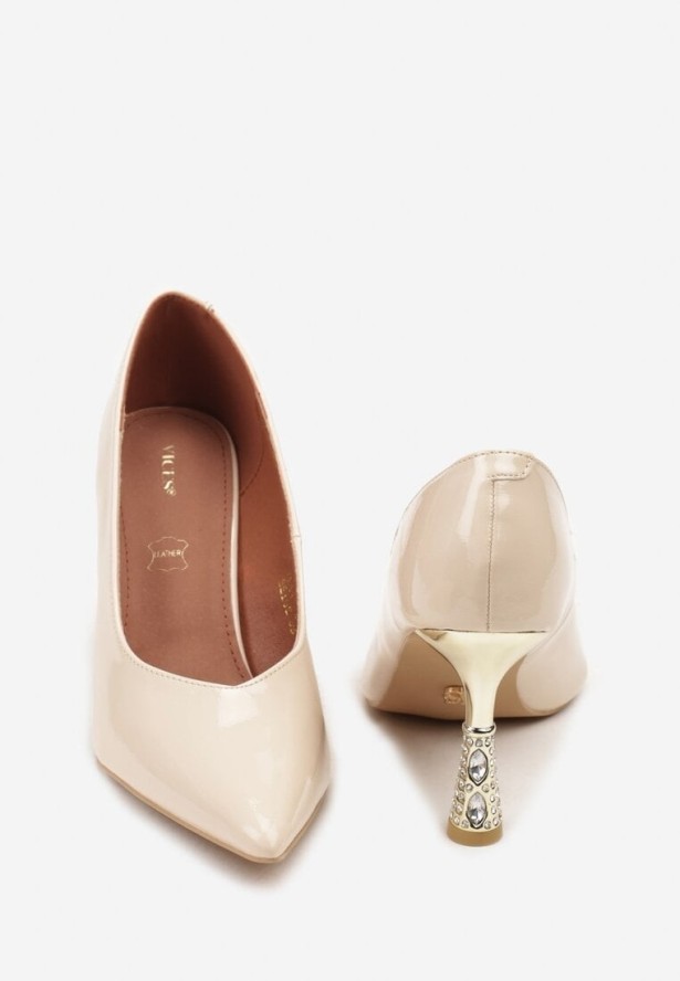 Jasnobeżowe Szpilki Vices ze Skórzaną Wkładką na Obcasie z Cyrkoniami Afirrive