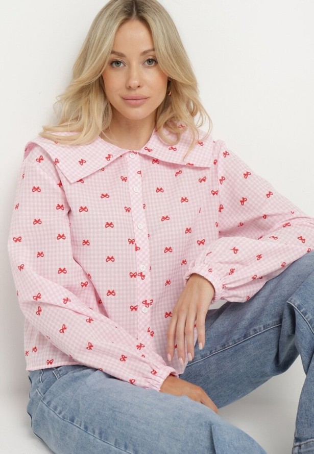 Różowa Koszula z Szerokim Kołnierzykiem z Bawełny i Wiskoz w Kratkę Lavzemis