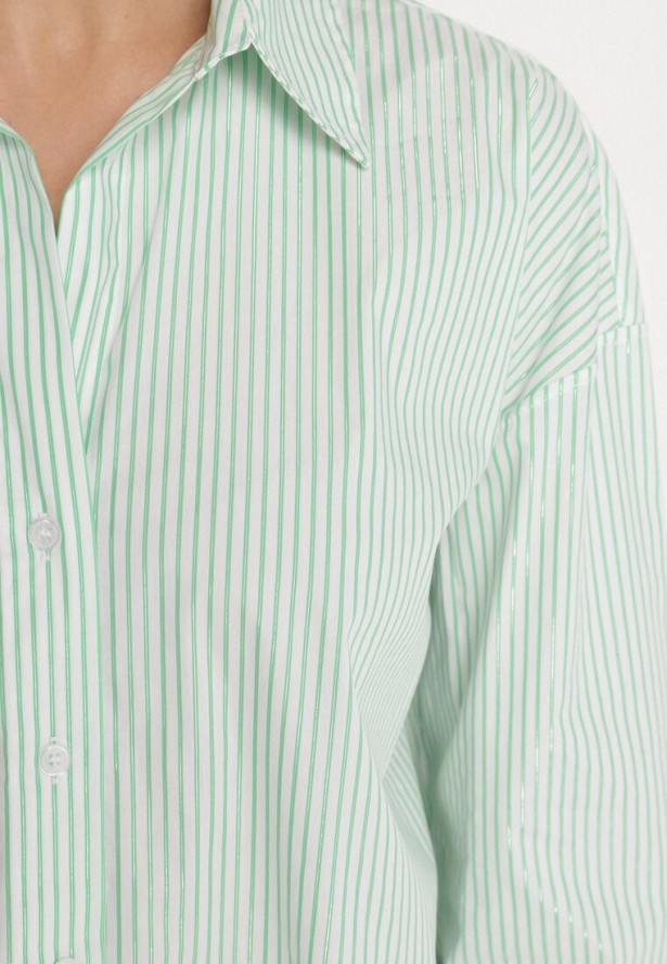 Zielona Bawełniana Koszula Oversize w Prążki Zdobiona Metaliczną Nicią Paserella