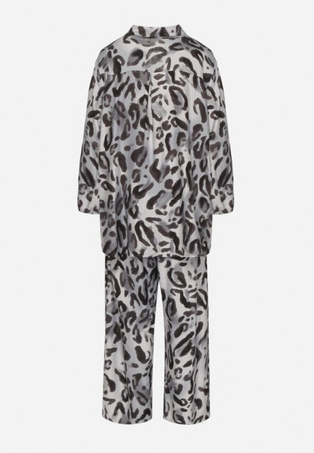 Szary Panterkowy Komplet z Wiskozą Koszula z Dłuższym Tyłem i Szerokie Spodnie Evaln