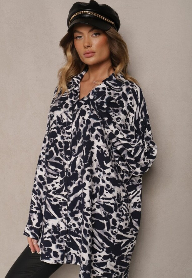 Granatowa Koszula z Wiskozy z Lnem i Abstrakcyjnym Wzorem Emariline