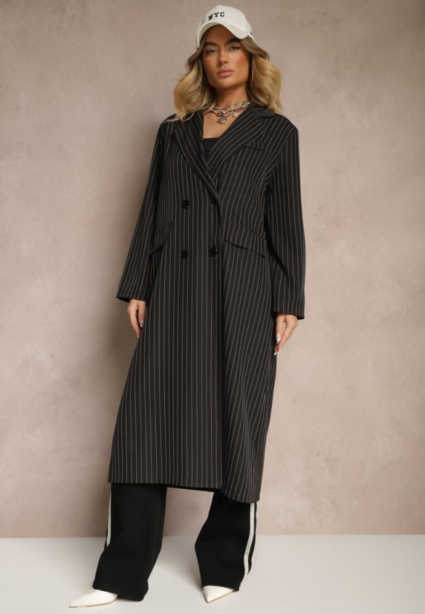 Czarny Płaszcz o Dwurzędowym Kroju w Stylu Marynarki w Paski Lanaritia