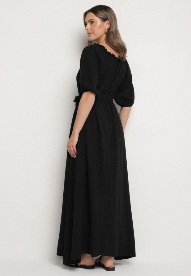 Czarna Trapezowa Muślinowa Sukienka z Bawełny z Paskiem i Gumką w Talii Vimarinn