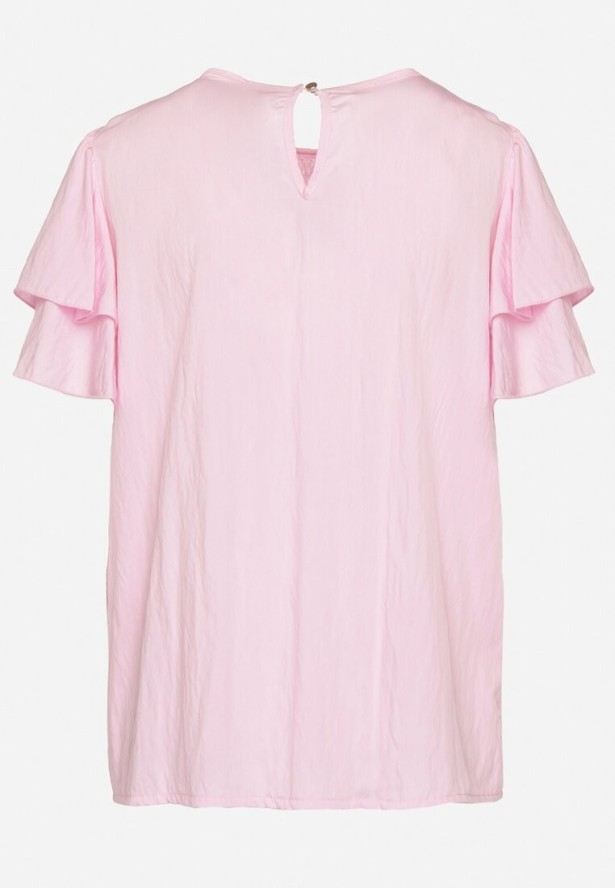 Różowa Bluzka z Wiskozą o Trapezowym kroju z Falbankami i Elastyczną Wstawką Dorlimi