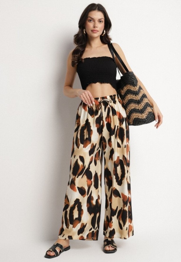 Beżowe Spodnie z Wiskozy o Szerokim Kroju z Wysokim Stanem w Panterkę Zelmara