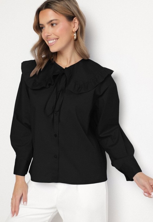 Czarna Bawełniana Koszula Retro z Ozdobnym Kołnierzykiem i Wiązaniem Ravselina