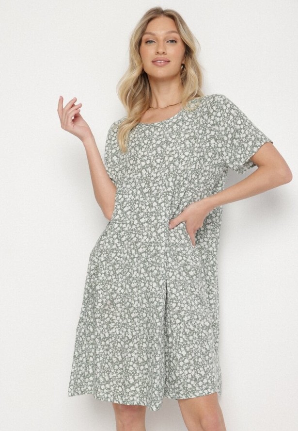 Zielona Sukienka z Bawełną w Kwiatowy Wzór Lunasenia