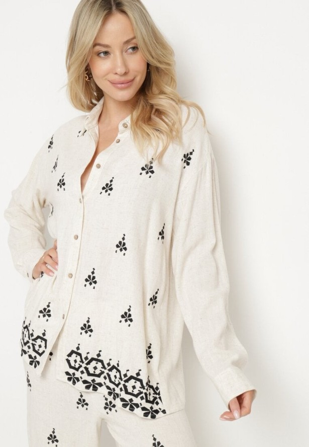 Biało-Czarna Koszula z Lnu i Wiskozy Ozdobiona Haftem w Stylu Etno Alarisa