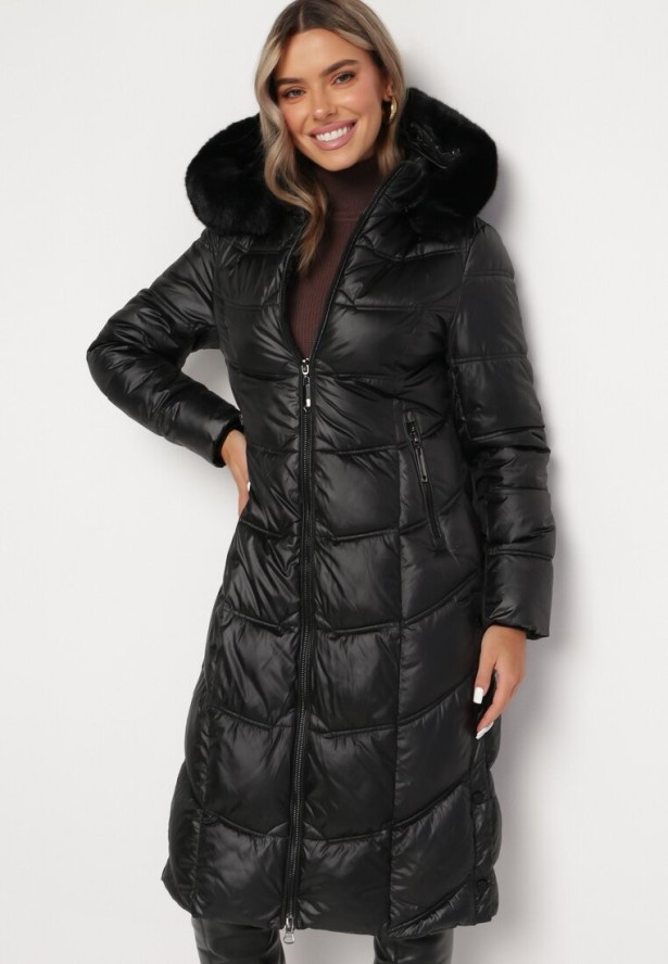 Czarna Pikowana Kurtka Płaszcz za Kolano z Kapturem i Futerkiem Naelora