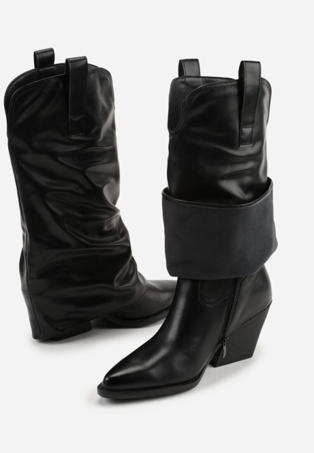 Czarne Kozaki Kowbojki na Stożku z Wywiniętą Marszczoną Cholewką Escana