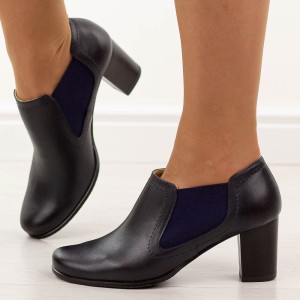 Granatowe skórzane Polskie botki damskie na słupku Gregors 553