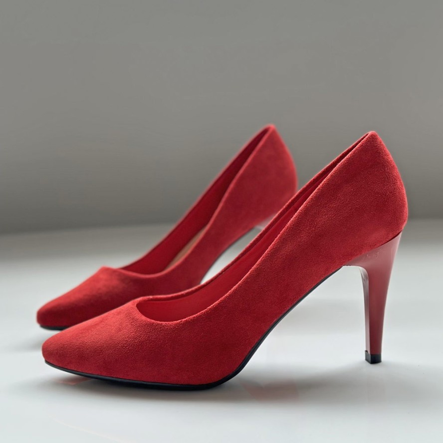 Czerwone zamszowe szpilki damskie, czółenka Sergio Leone 1396