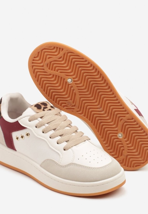 Beżowo-Bordowe Streetwearowe Sneakersy Zdobione Przeszyciami Neonisea