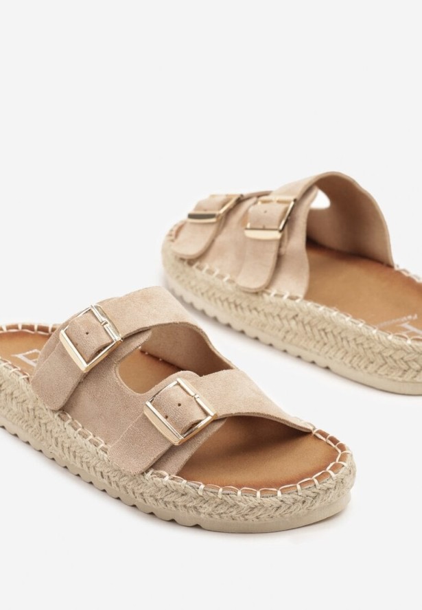 Beżowe Klapki z Klamrami i Jutową Plecionką Karinn