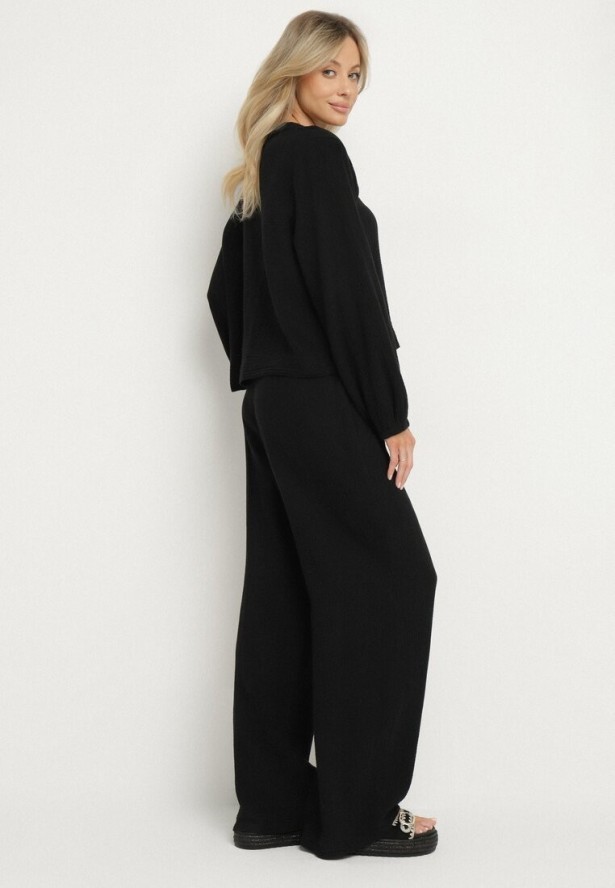 Czarny Bawełniany Komplet Bluzka z Wiązaniem i Spodnie Palionis