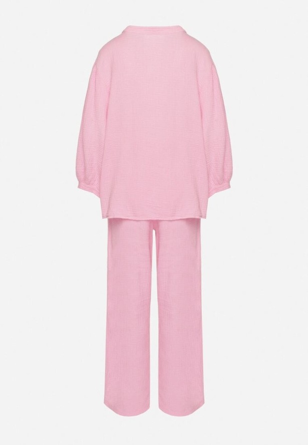 Różowy Muślinowy Komplet z Bawełny o Kroju Oversize Koszula i Szerokie Spodnie Ziselia