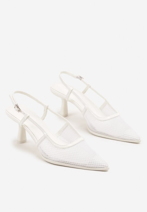 Białe Sandały na Obcasie Kaczuszka ze Sprzączką i Siateczką Falelitia