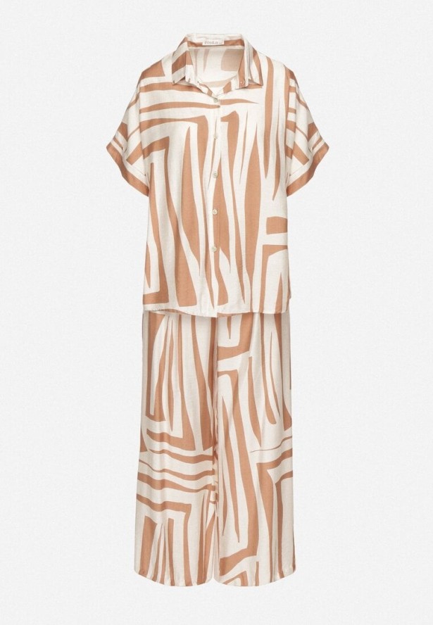 Beżowy Komplet Oversize z Lnem Koszula z Krótkim Rękawem i Szerokie Spodnie Mirolena