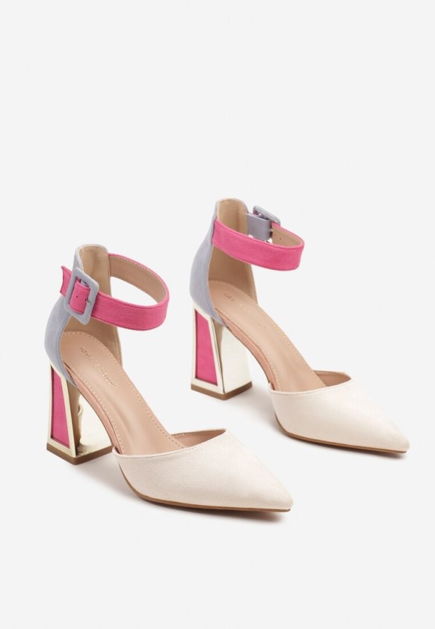 Beżowo-Różowe Czółenka na Stożku Ozdobione Paskiem Wokół Kostki i Metaliczną Aplikacją Tiliri