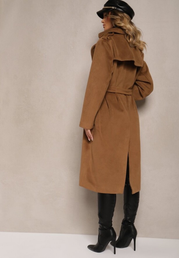 Brązowy Płaszcz Dwurzędowy o Długim Kroju Ozdobiony Paskiem Senadriel