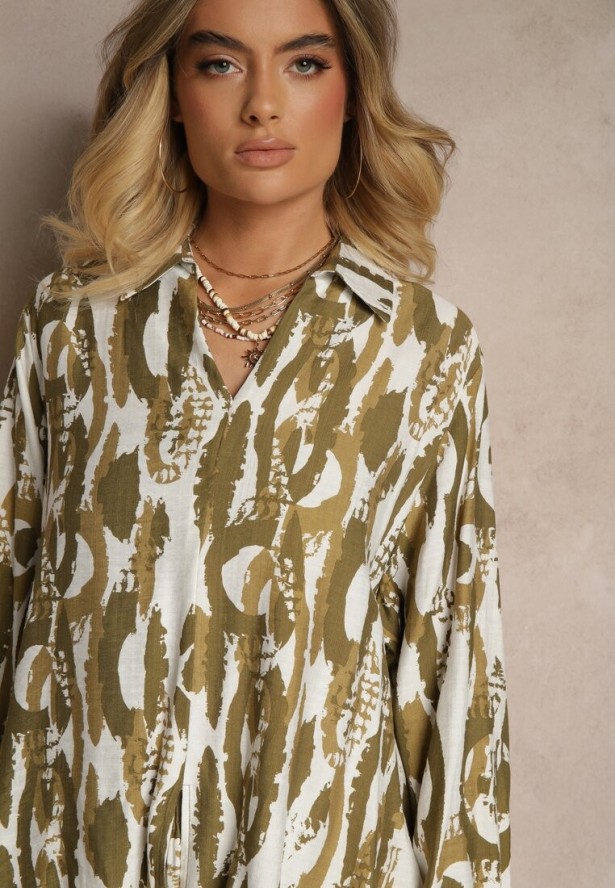 Zielony Komplet z Wiskozą Bluzka o Koszulowym Kroju i Szerokie Spodnie Sariliana