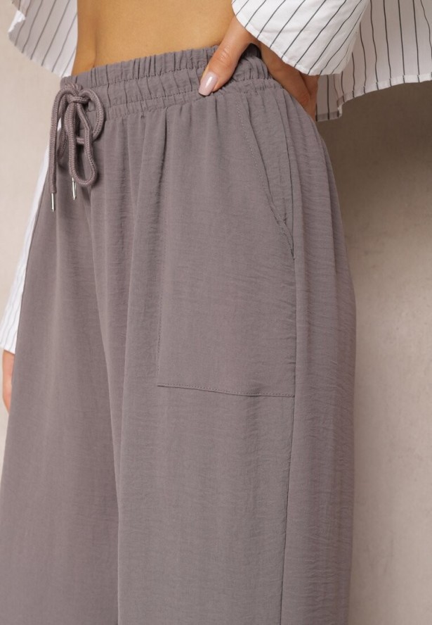 Szare Spodnie High Waist ze Sznurkiem w Talii i Prostą Nogawką Raveann