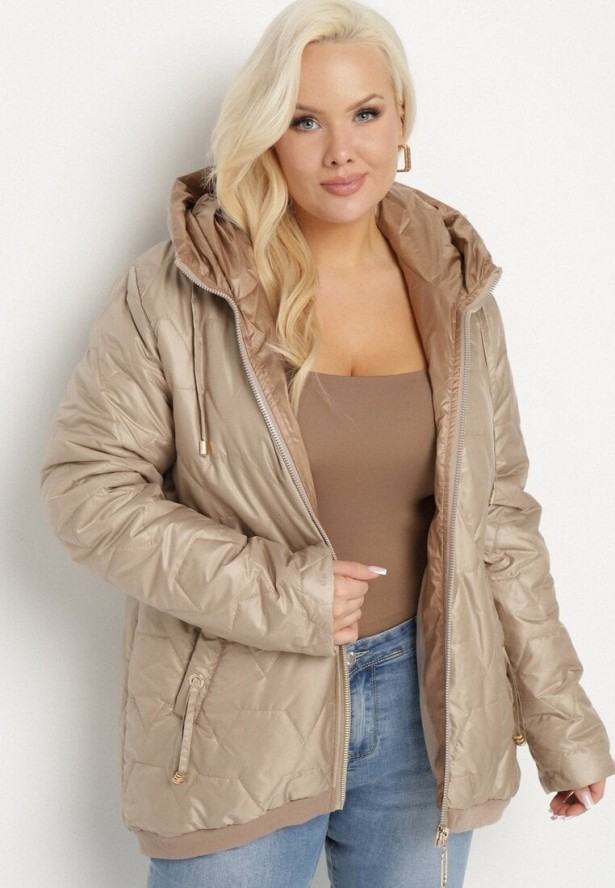 Ciemnobeżowa Kurtka Pikowana o Pudełkowym Kroju z Kapturem Nusolea