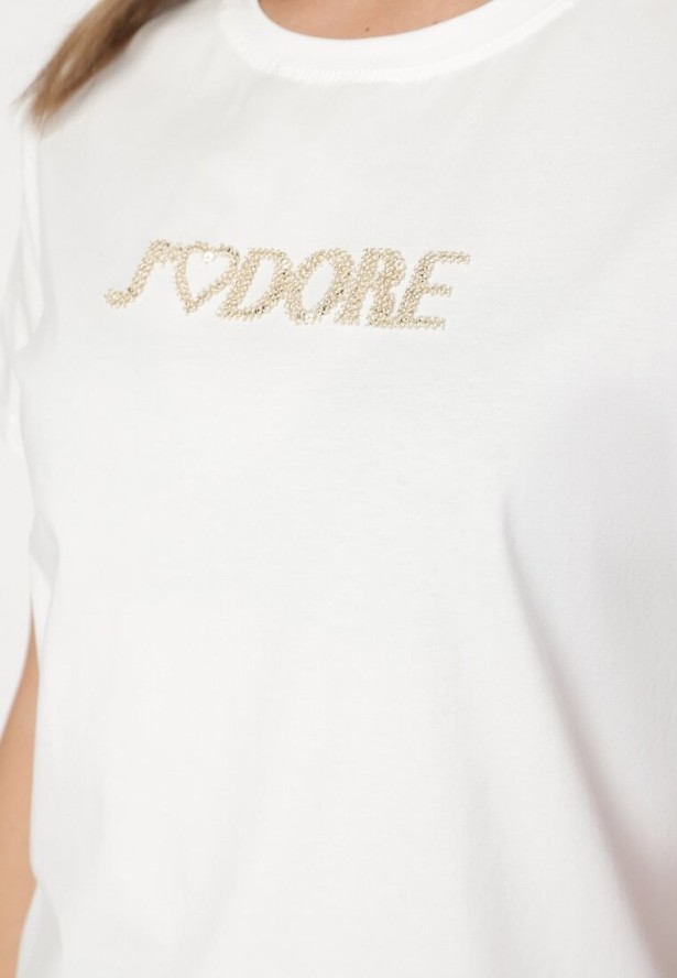 Biały Bawełniany T-shirt Ozdobiony Napisem Nalaviraen