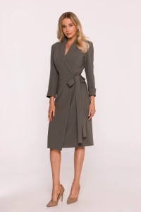 Elegancka sukienka ołówkowa kopertowa z wiązaniem khaki